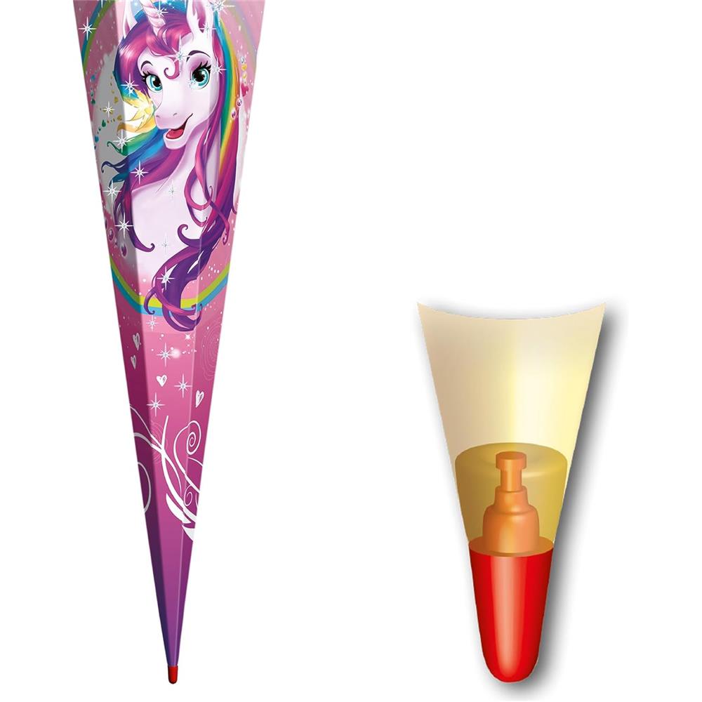 Roth Schultüte Einhornportrait mit Glitter, 85cm, eckig, mit Rot(h)-Spitze und lila Tüllverschluss